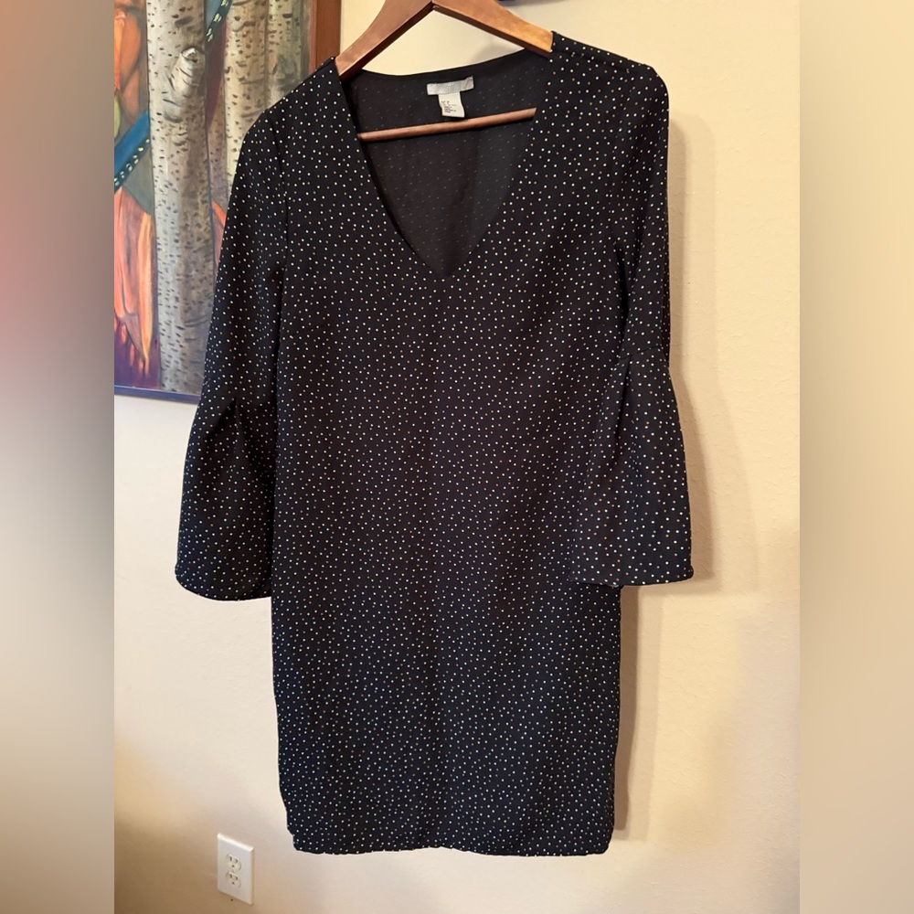 Womens H&M Black Polka Dot Flare Bell Sleeve 3/4 Sleeve Shift V Neck Dress 8